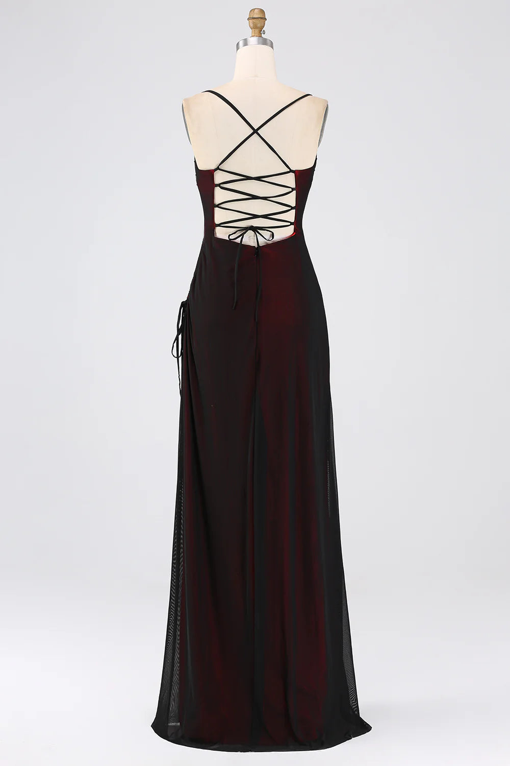 Black Red Sheath Spaghetti Straps Long Bridesmaid Dress with Lace Up Back