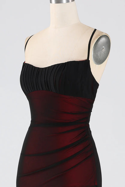 Black Red Sheath Spaghetti Straps Long Bridesmaid Dress with Lace Up Back