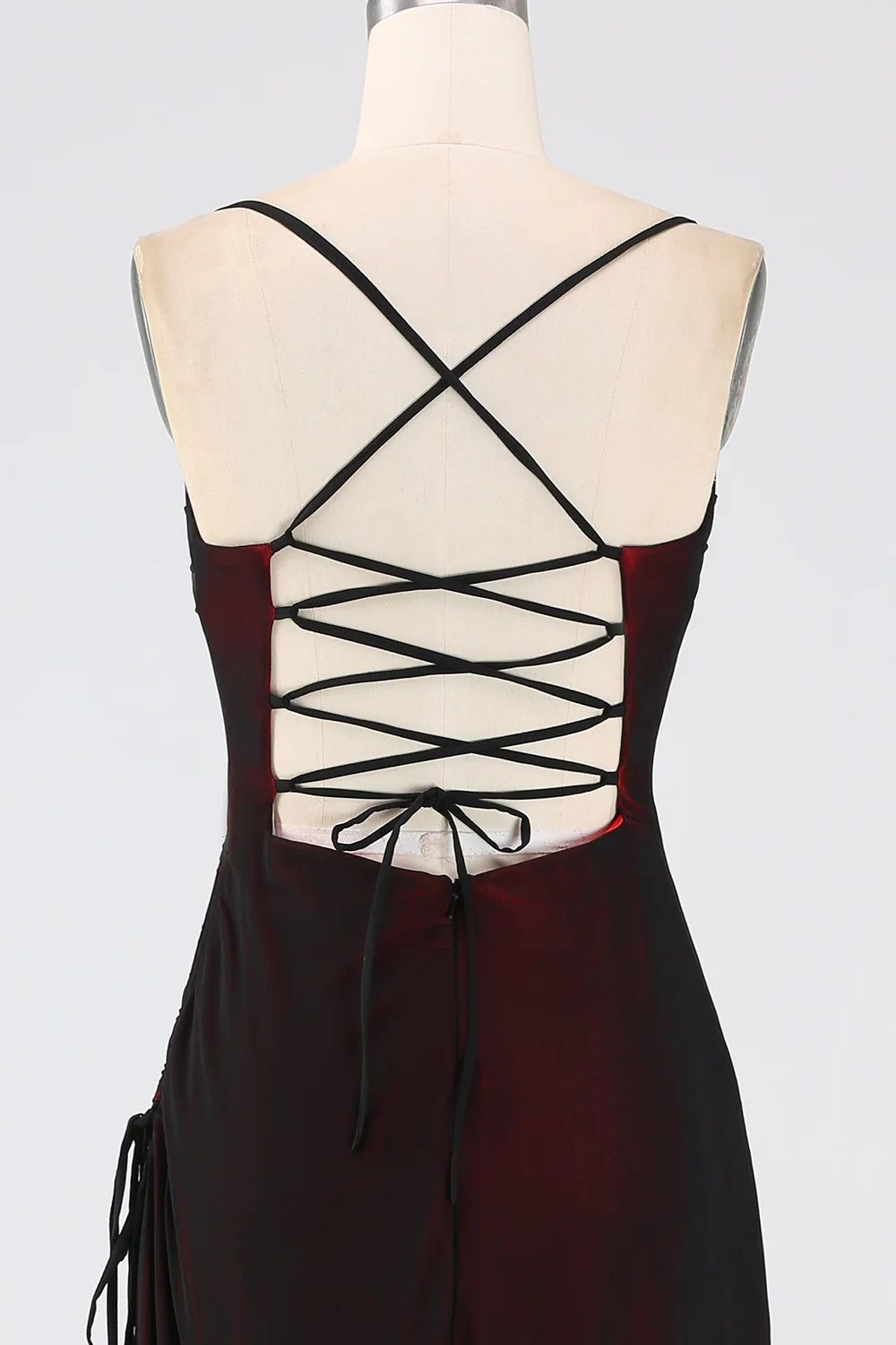 Black Red Sheath Spaghetti Straps Long Bridesmaid Dress with Lace Up Back