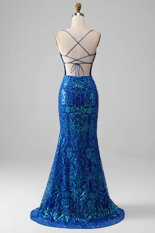Royal Blue Mermaid Sparkly Sequin Long Prom Dress with Slit