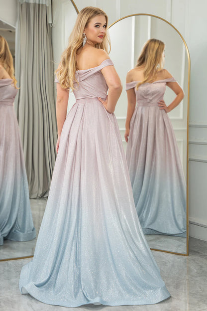 Metallic A-Line Off the Shoulder Sparkly Gradient Elegant Pleated Prom Dress