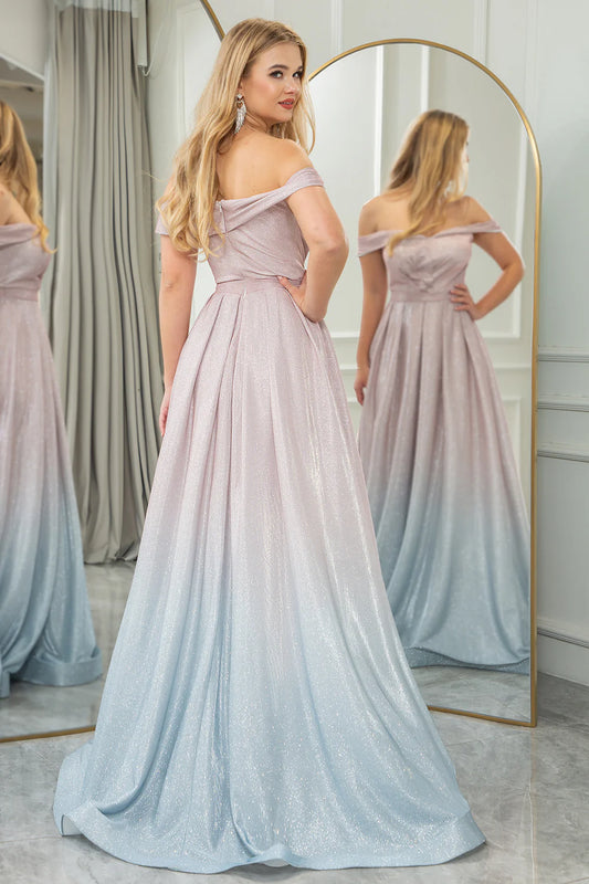 Metallic A-Line Off the Shoulder Sparkly Gradient Elegant Pleated Prom Dress