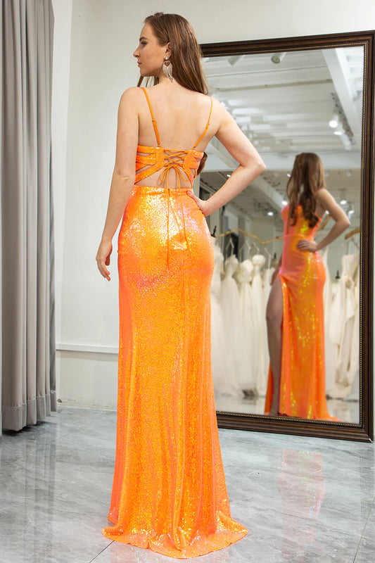 Sparkling orange mermaid slim suspender long dress with slit for the ball