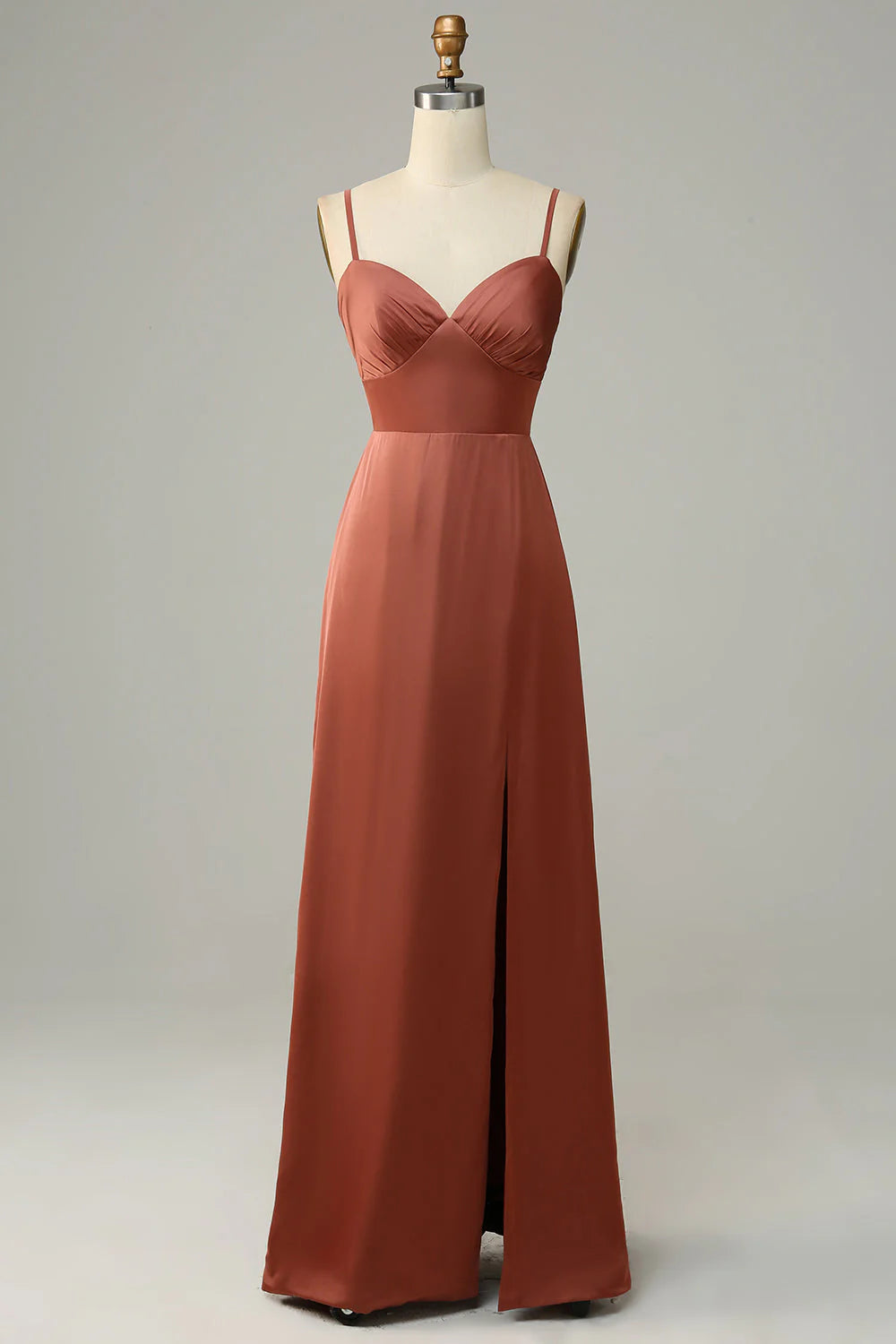 Thin shoulder strap V-neck satin bridesmaid dress