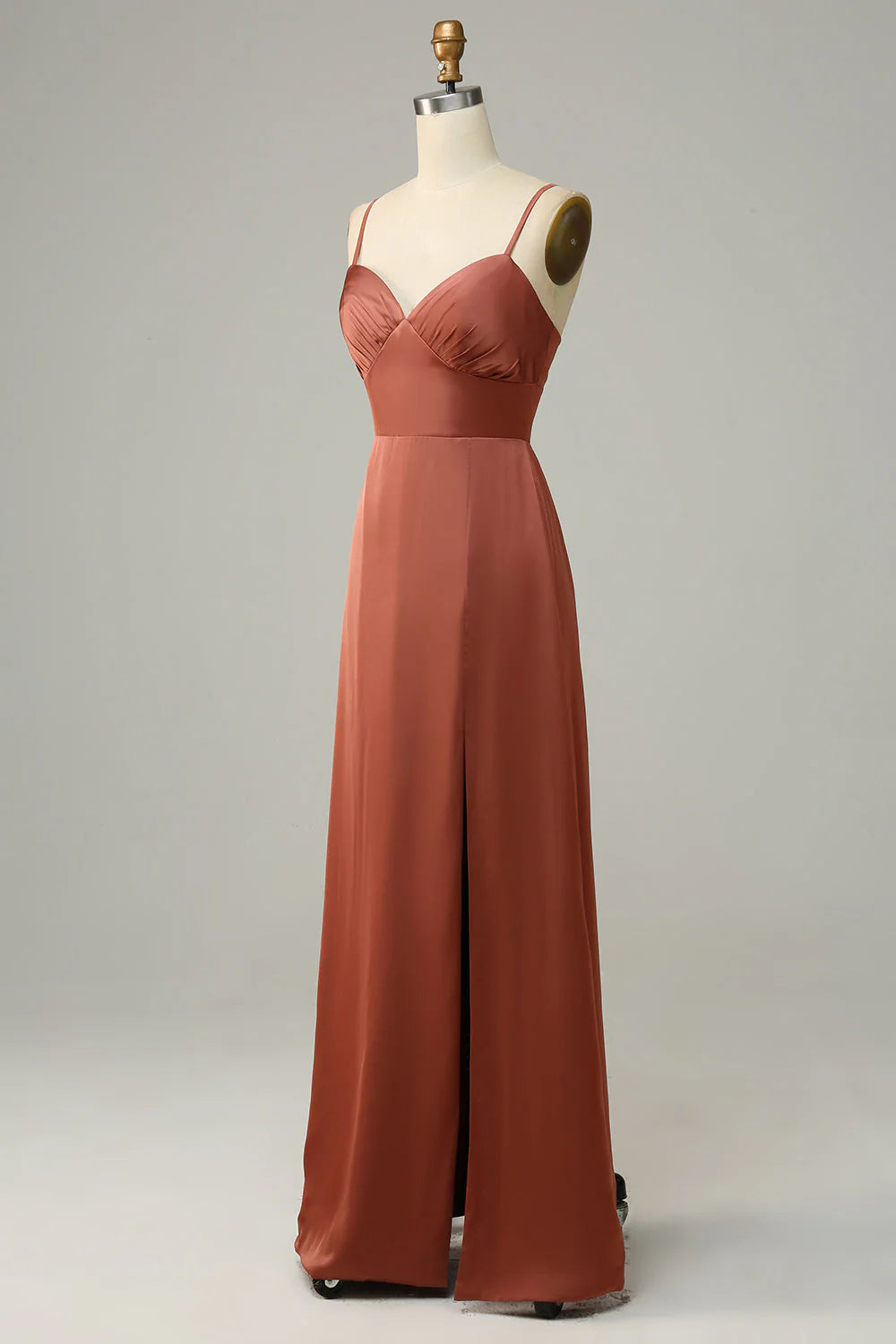 Thin shoulder strap V-neck satin bridesmaid dress