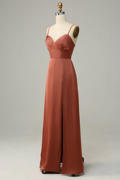 Thin shoulder strap V-neck satin bridesmaid dress
