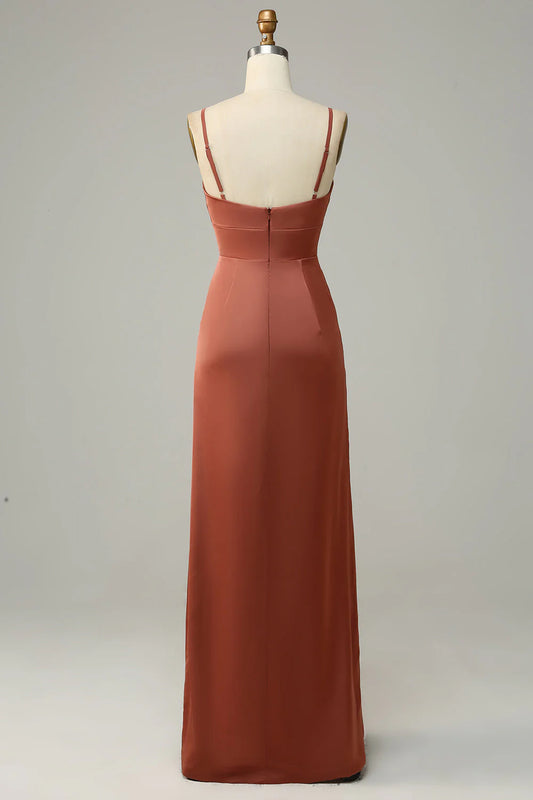 Thin shoulder strap V-neck satin bridesmaid dress