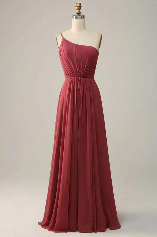 A-line shoulder asymmetrical chiffon long bridesmaid dress