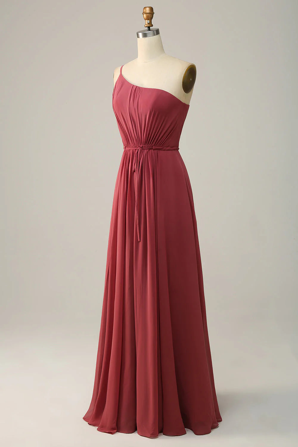 A-line shoulder asymmetrical chiffon long bridesmaid dress