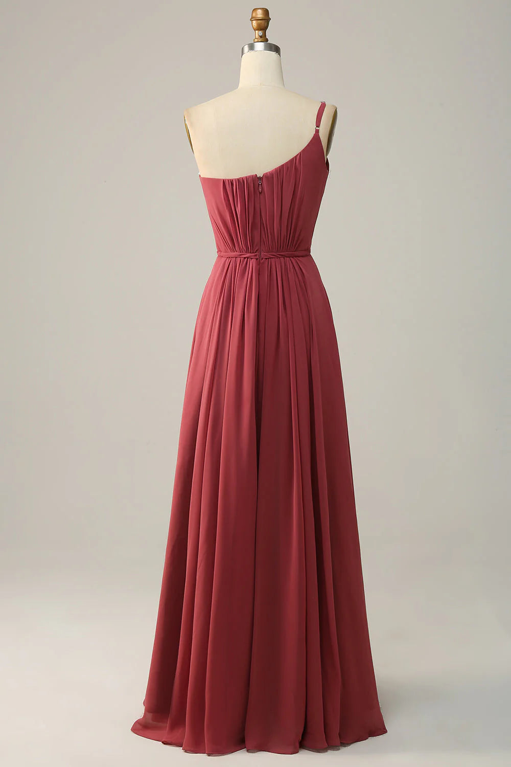 A-line shoulder asymmetrical chiffon long bridesmaid dress