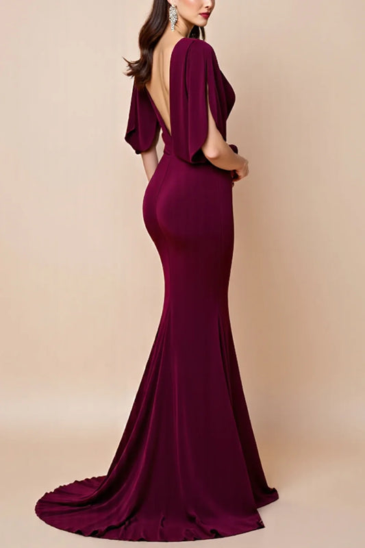 Cabernet Ruched V Neck Mermaid Long Mother Of The Bride Dress