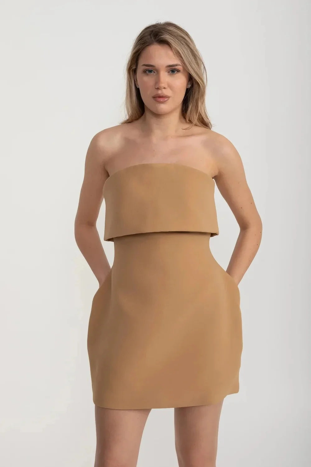 Camel Strapless Pocket Mini Homecoming Dresses