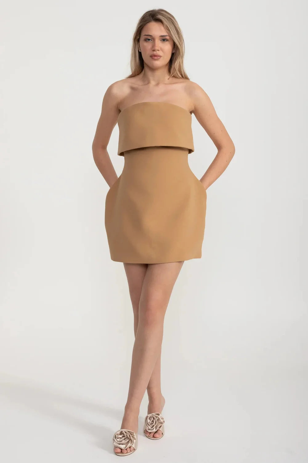 Camel Strapless Pocket Mini Homecoming Dresses
