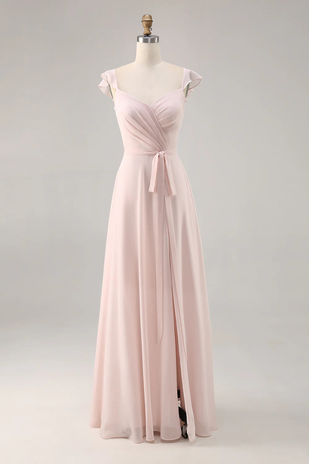 Candy Pink Chiffon Ruched A Line Long Bridesmaid Dress with Slit