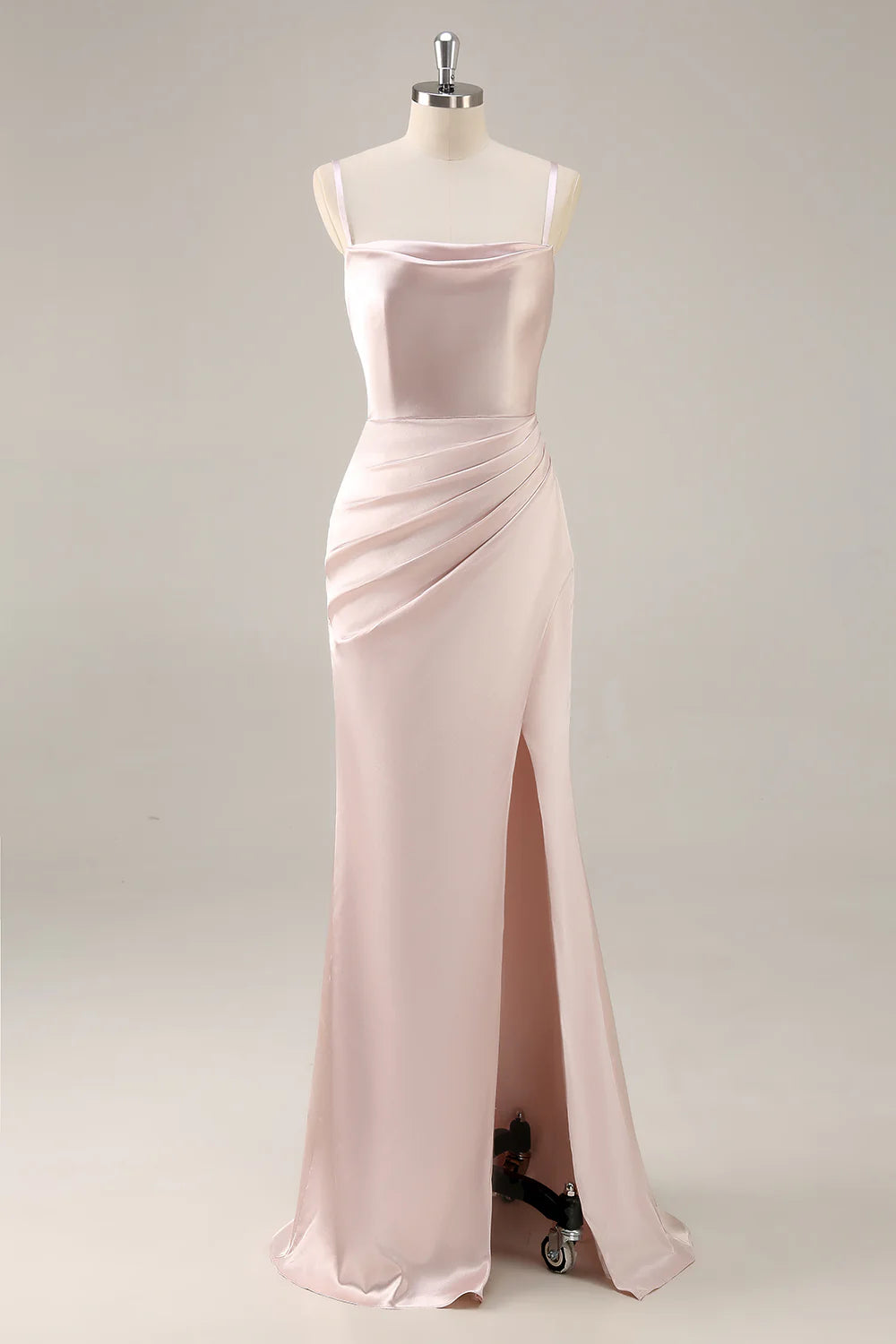 Candy Pink Sheath Ruched Satin Bridesmaid Dress with Slit
