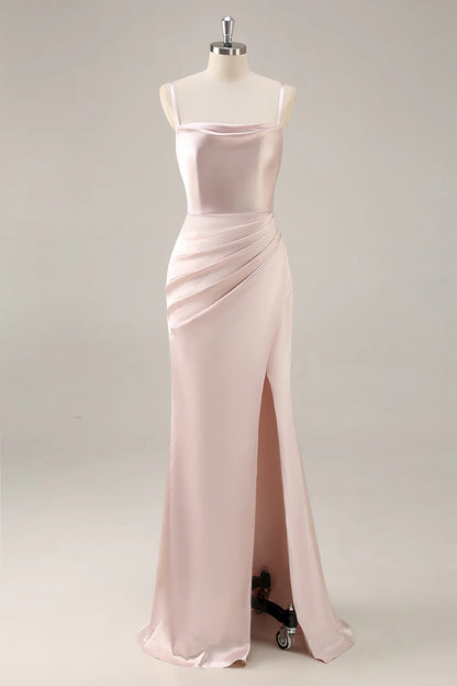 Candy Pink Sheath Ruched Satin Bridesmaid Dress with Slit