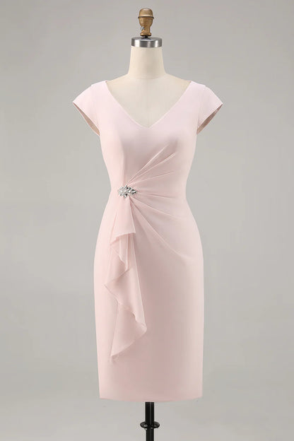 Candy Pink Sheath Ruffled Midi Mother Of Bride Dress