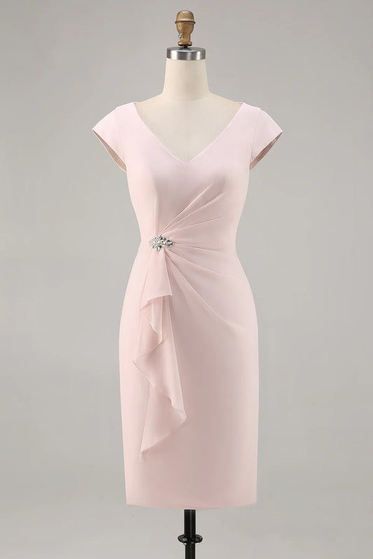 Candy Pink Sheath Ruffled Midi Mother Of Bride Dress