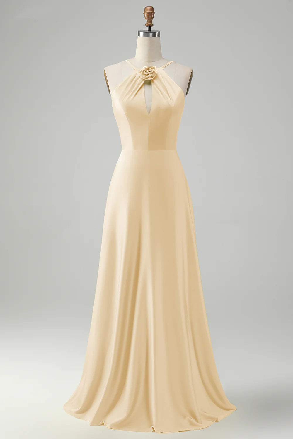 A-line hanging neck backless pleated long bridesmaid floral dress