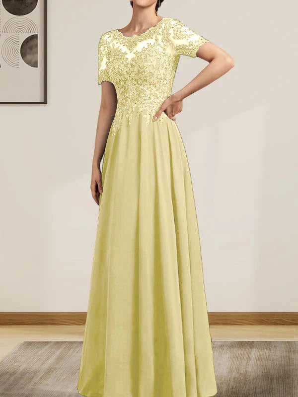 A-line Scoop Illusion Floor-Length Chiffon Lace Mother of the Bride Dress With Sequins Beading