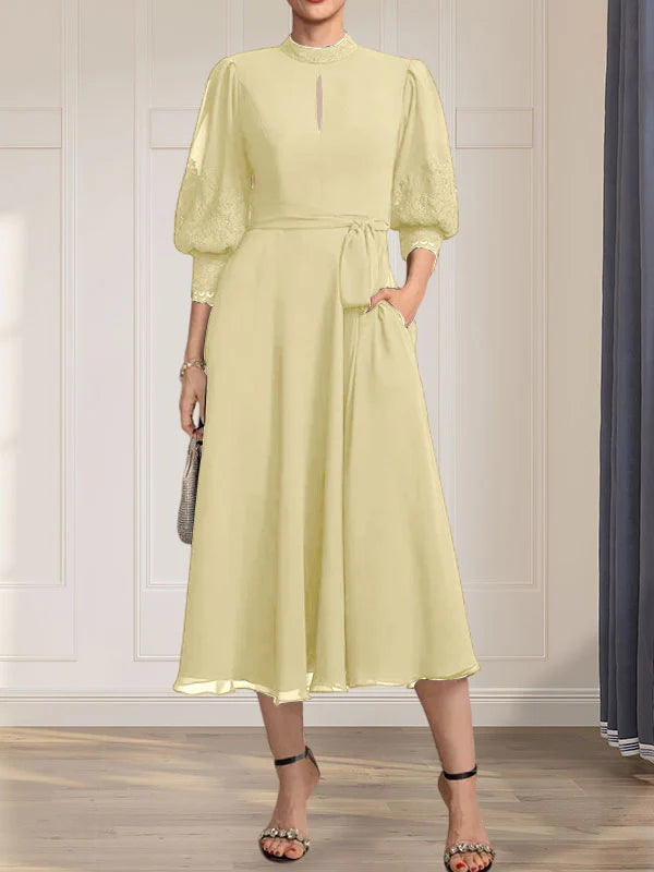 A-line High Neck Tea-Length Lace Chiffon Mother of the Bride Dress With Bow