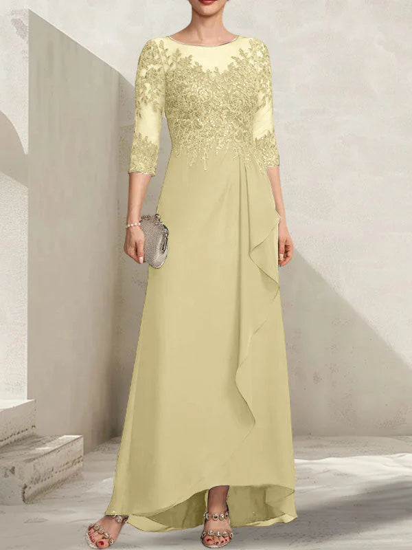 A-line Scoop Illusion Asymmetrical Lace Chiffon Mother of the Bride Dress With Sequins Cascading Ruffles