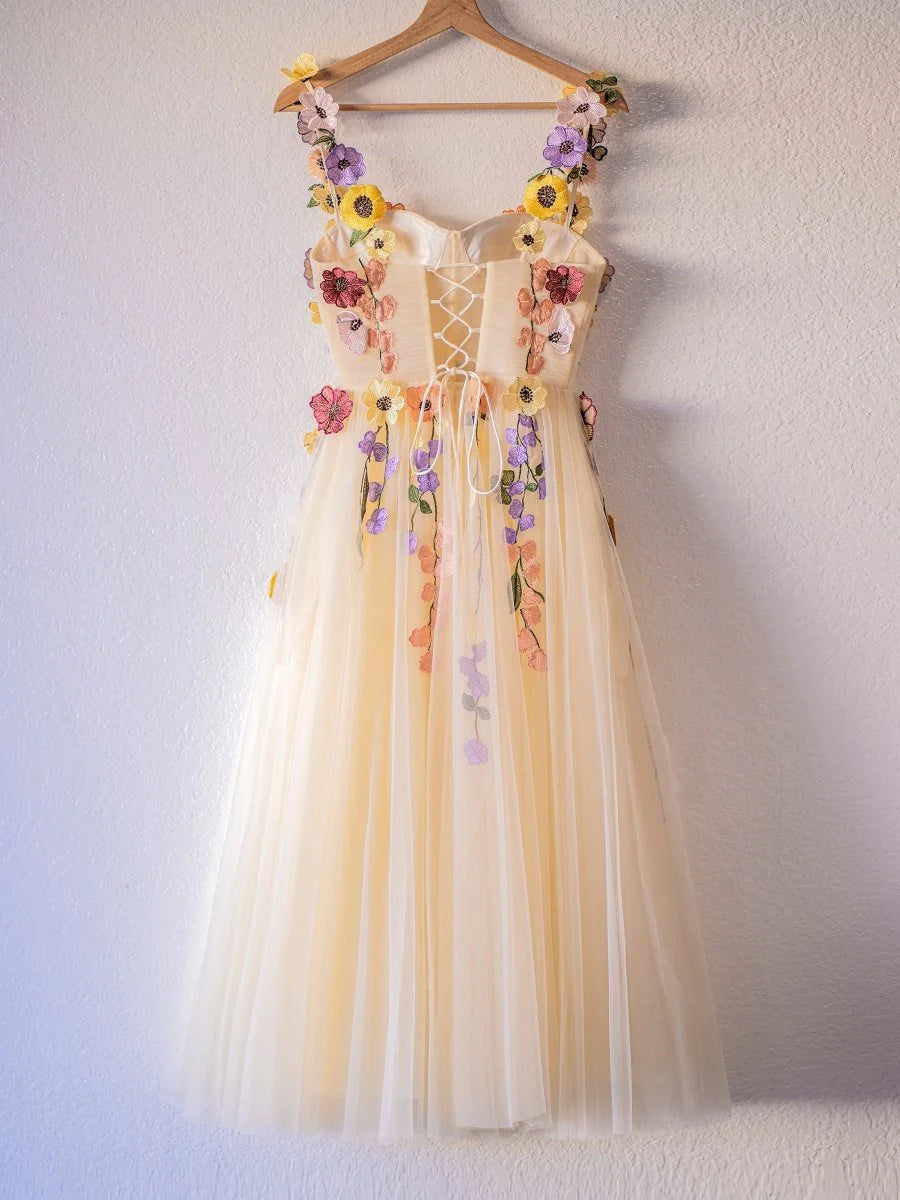 Champagne 3D Floral Appliqué Sheer Corset Lace Up Back Midi Evening Dresses
