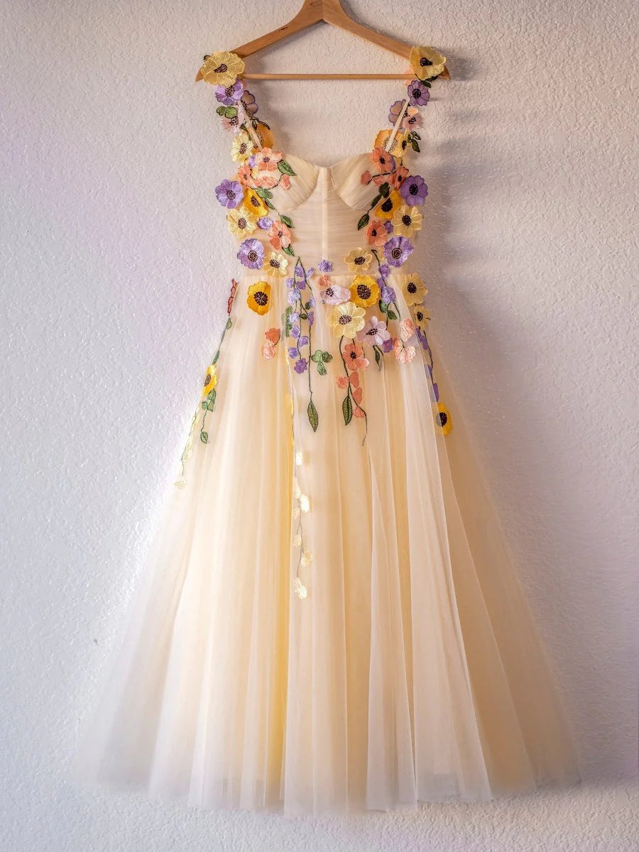 Champagne 3D Floral Appliqué Sheer Corset Lace Up Back Midi Evening Dresses