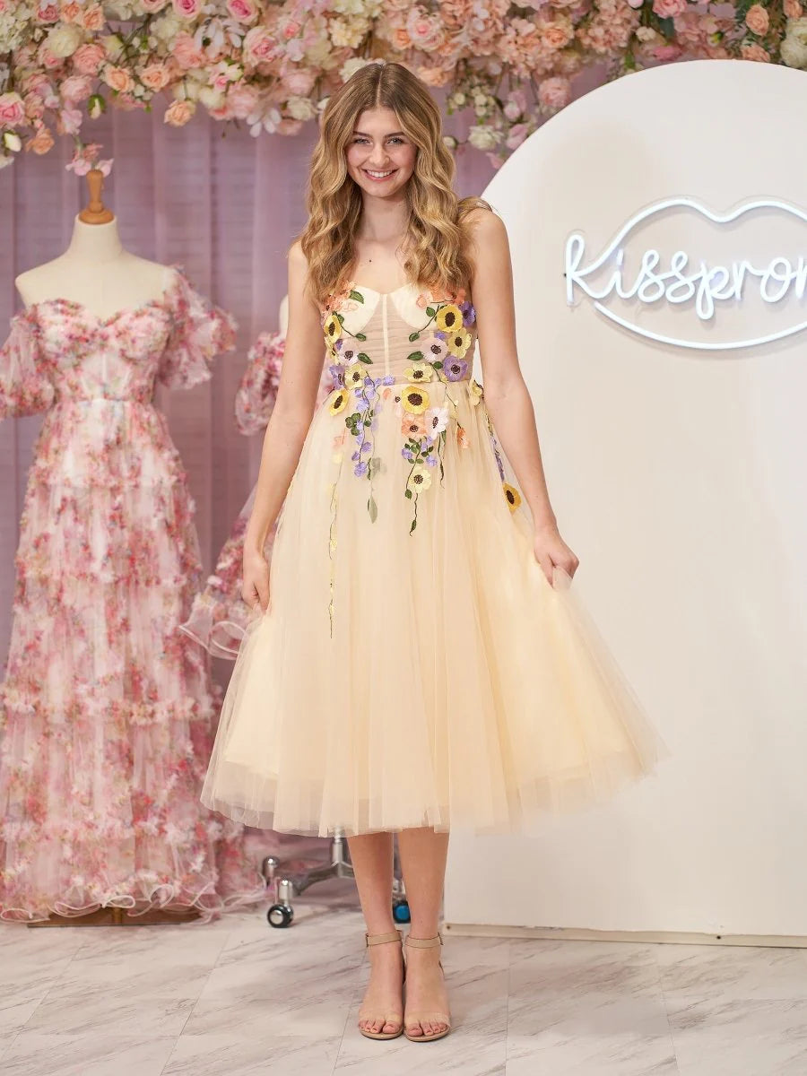 Champagne 3D Floral Appliqué Sheer Corset Lace Up Back Midi Evening Dresses