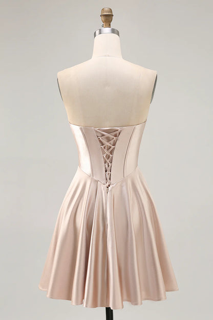 Champagne A-Line Strapless Corset Ruched Satin Homecoming Dress with Lace Up Back