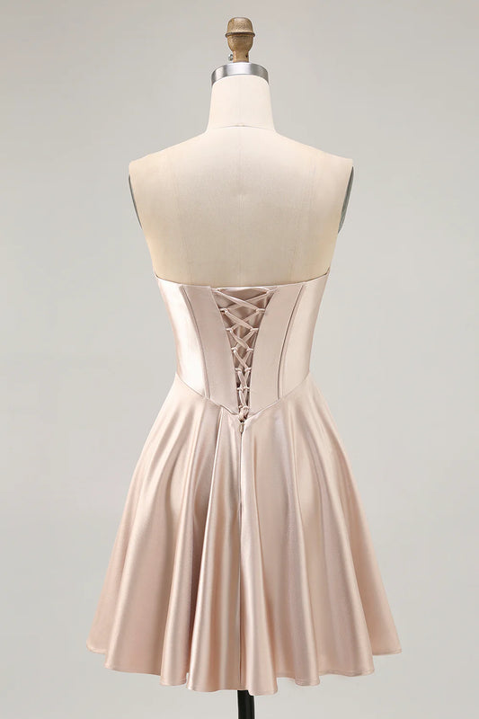 Champagne A-Line Strapless Corset Ruched Satin Homecoming Dress with Lace Up Back
