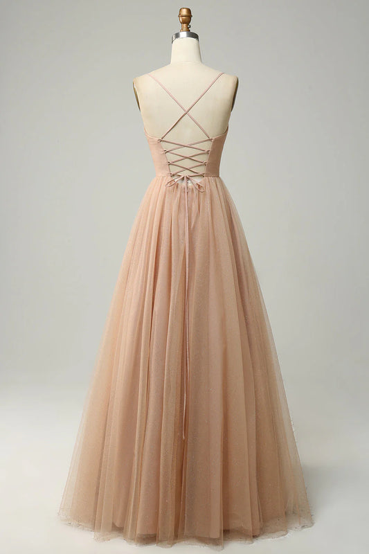 Champagne A Line Spaghetti Straps Long Bridesmaid Dress