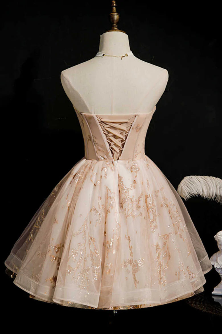 Champagne Beaded Strapless A-Line Short Homecoming Dress
