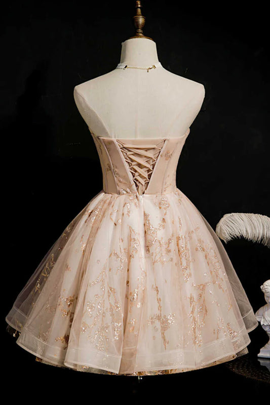 Champagne Beaded Strapless A-Line Short Homecoming Dress