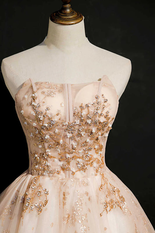 Champagne Beaded Strapless A-Line Short Homecoming Dress