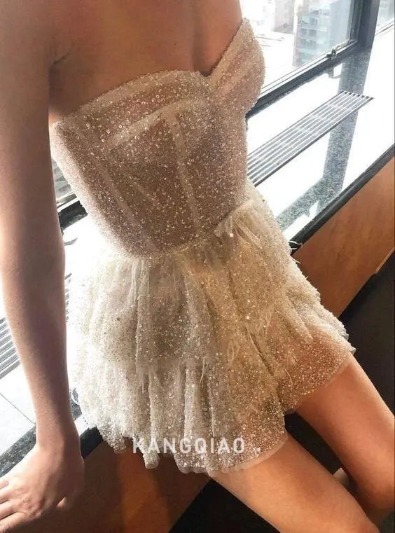 Champagne Beige Strapless Sweetheart Neck Sequin Embellished Corset Bustier Feather Trim Tiered Ruffle Glitter Tulle Mini Homecoming Dress