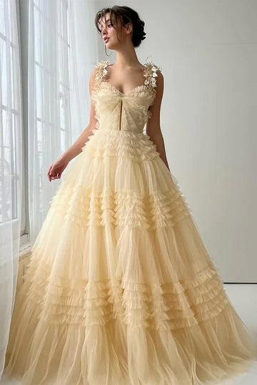 Champagne Butterfly Applique Tiered Tulle Ball Gown Prom Dress