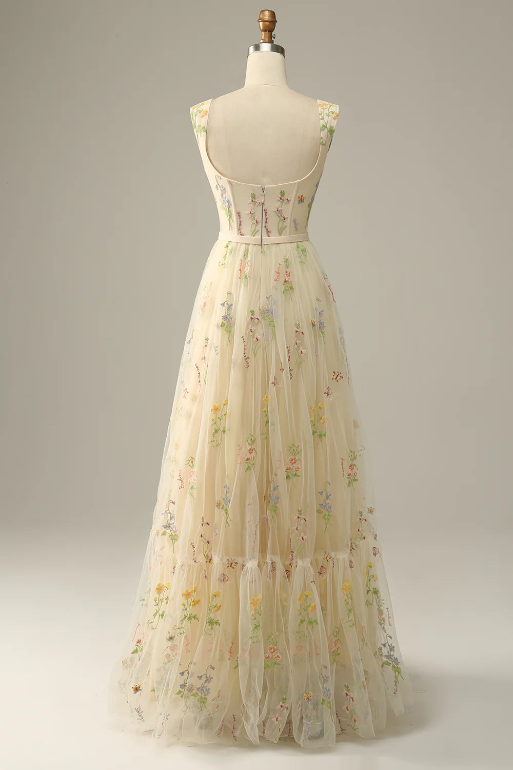 Champagne Floral Embroidered Tulle A-Line Evening Dresses
