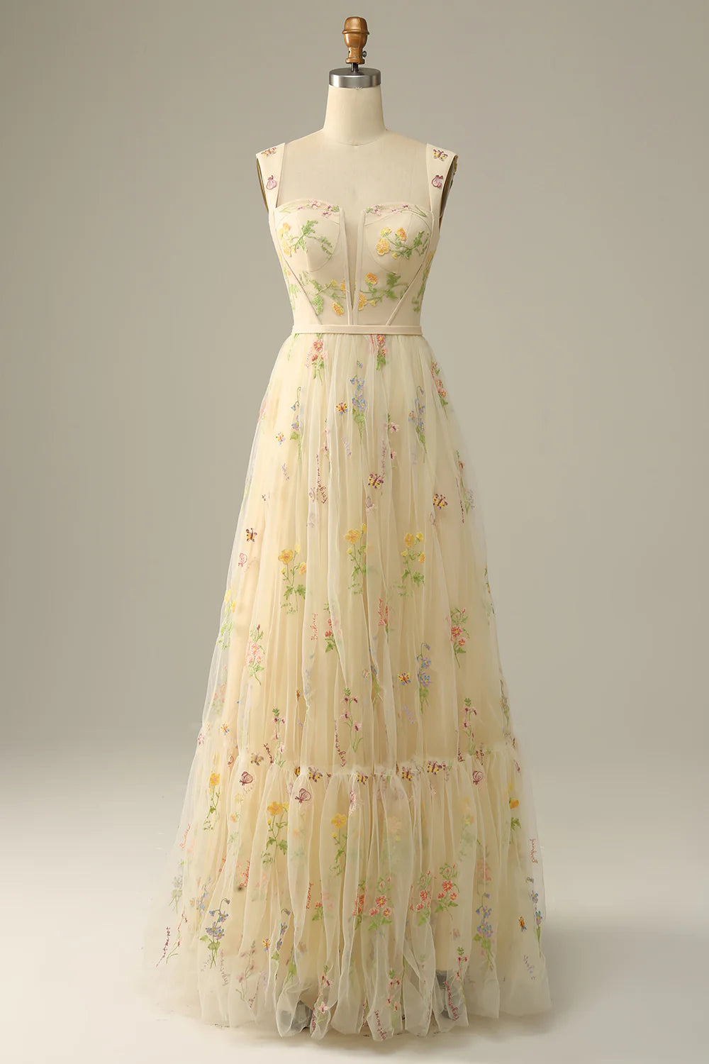 Champagne Floral Embroidered Tulle A-Line Evening Dresses