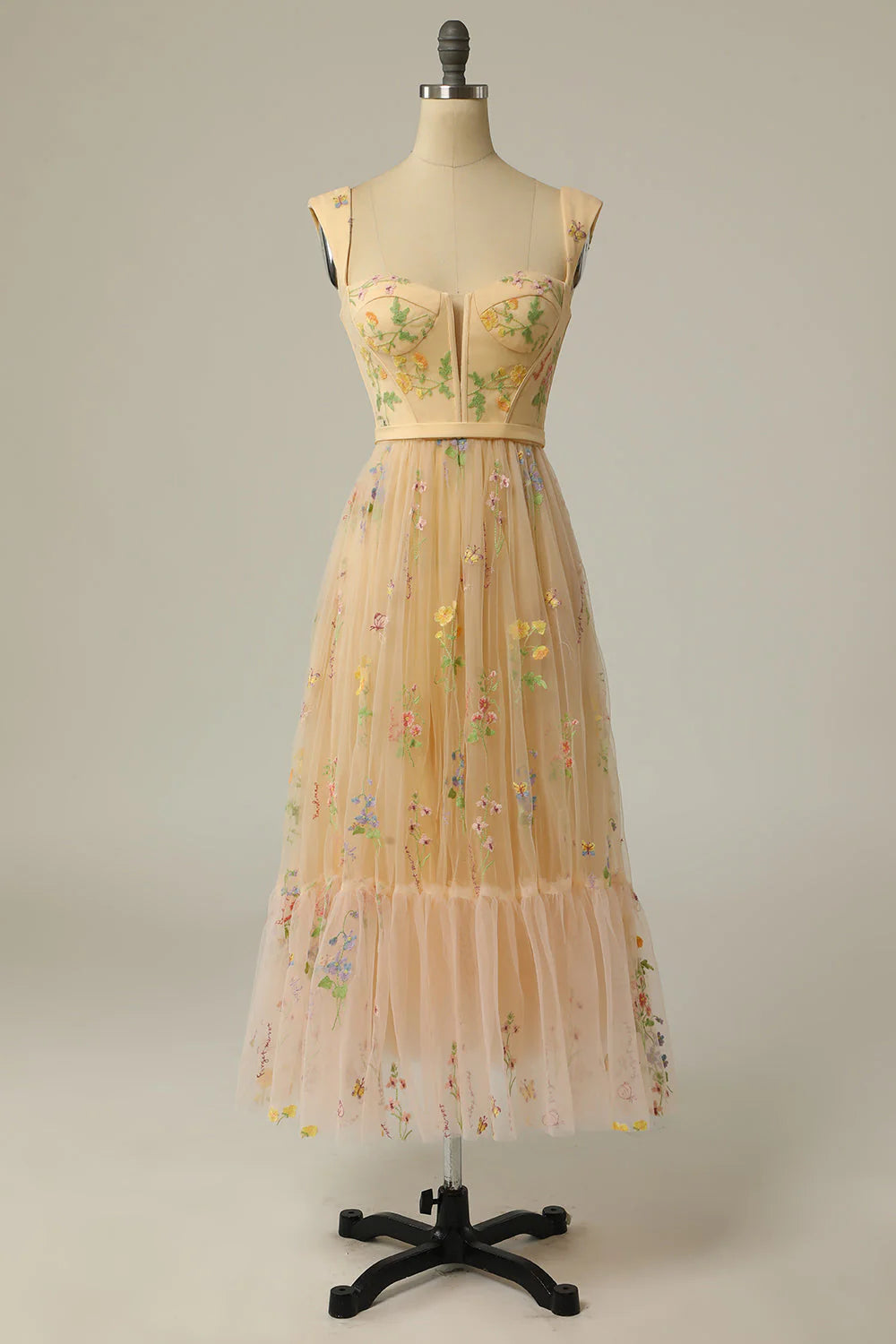 Champagne Floral Embroidery Tulle Midi Evening Dresses