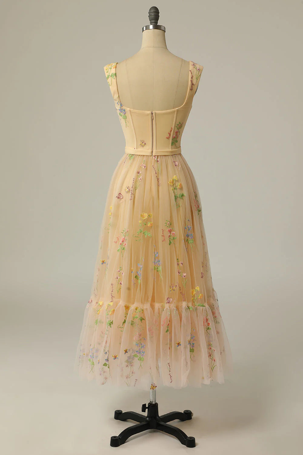 Champagne Floral Embroidery Tulle Midi Evening Dresses