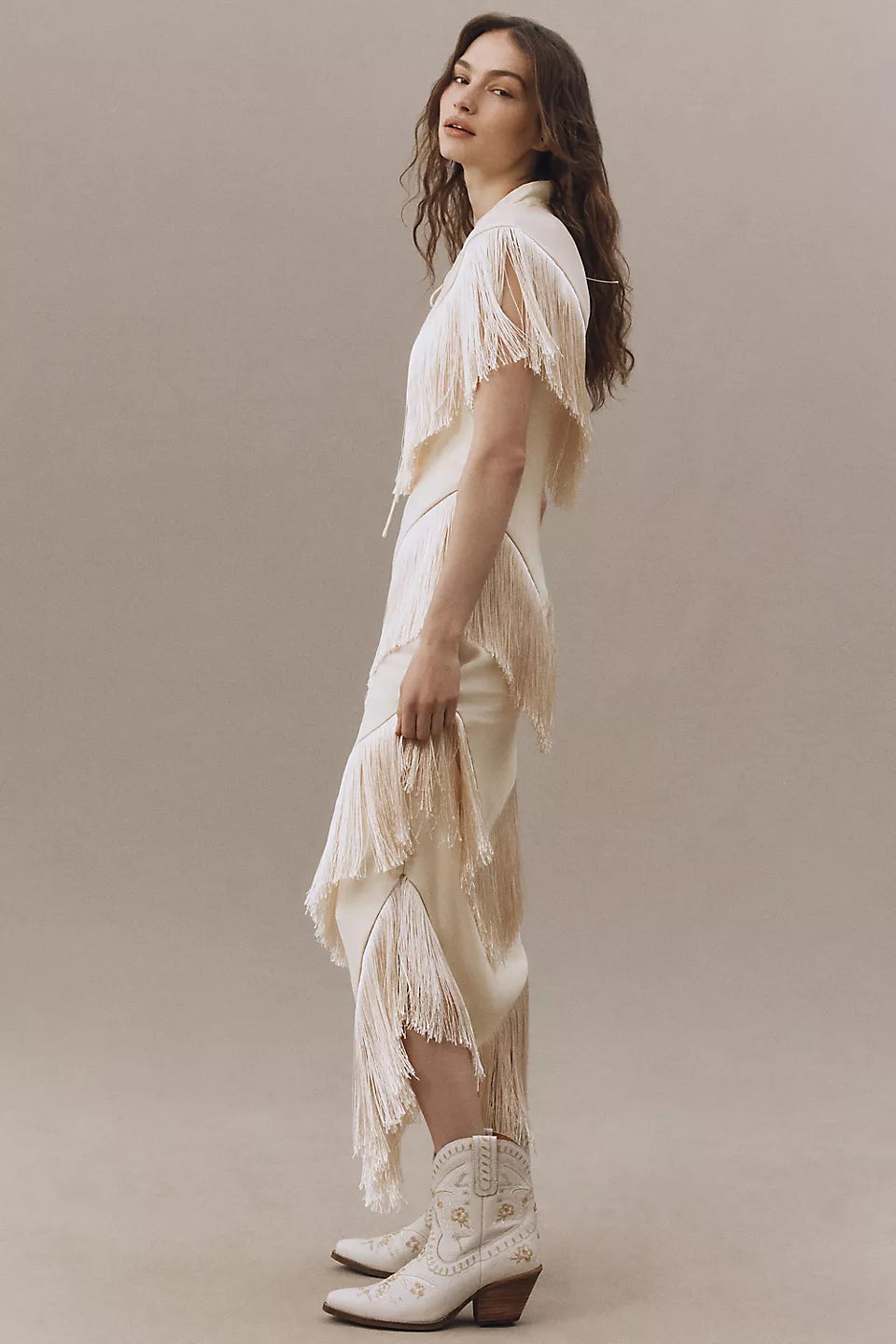 Champagne Fringe Tiered Maxi Evening Dresses with Tie Neck