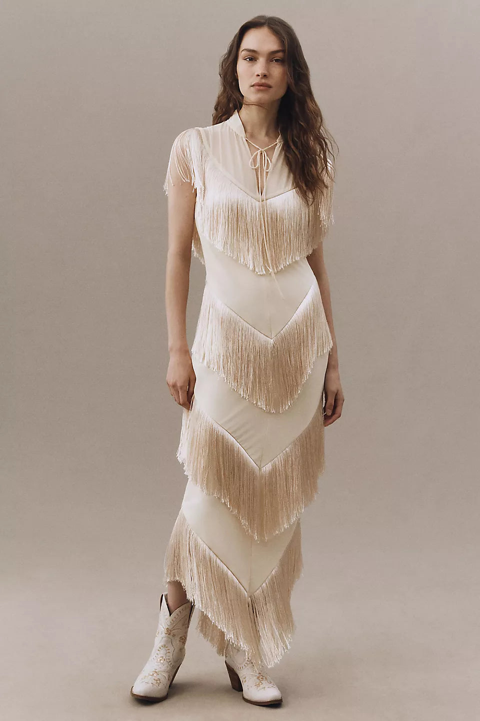 Champagne Fringe Tiered Maxi Evening Dresses with Tie Neck
