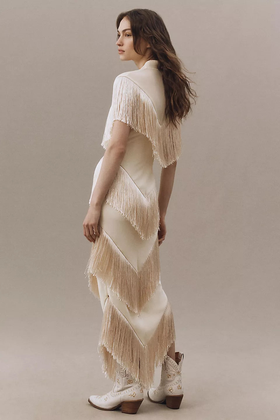 Champagne Fringe Tiered Maxi Evening Dresses with Tie Neck