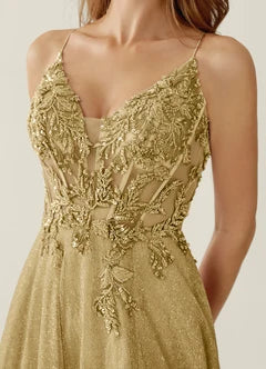 Champagne Glitter Spaghetti Strap Lace Applique Cutout Back High Slit Maxi Evening Dresses