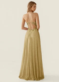 Champagne Glitter Spaghetti Strap Lace Applique Cutout Back High Slit Maxi Evening Dresses