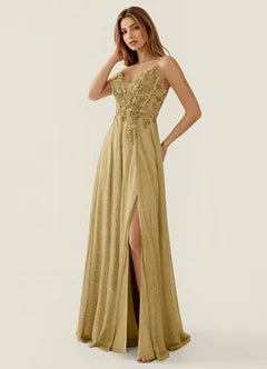 Champagne Glitter Spaghetti Strap Lace Applique Cutout Back High Slit Maxi Evening Dresses