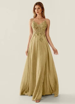 Champagne Glitter Spaghetti Strap Lace Applique Cutout Back High Slit Maxi Evening Dresses
