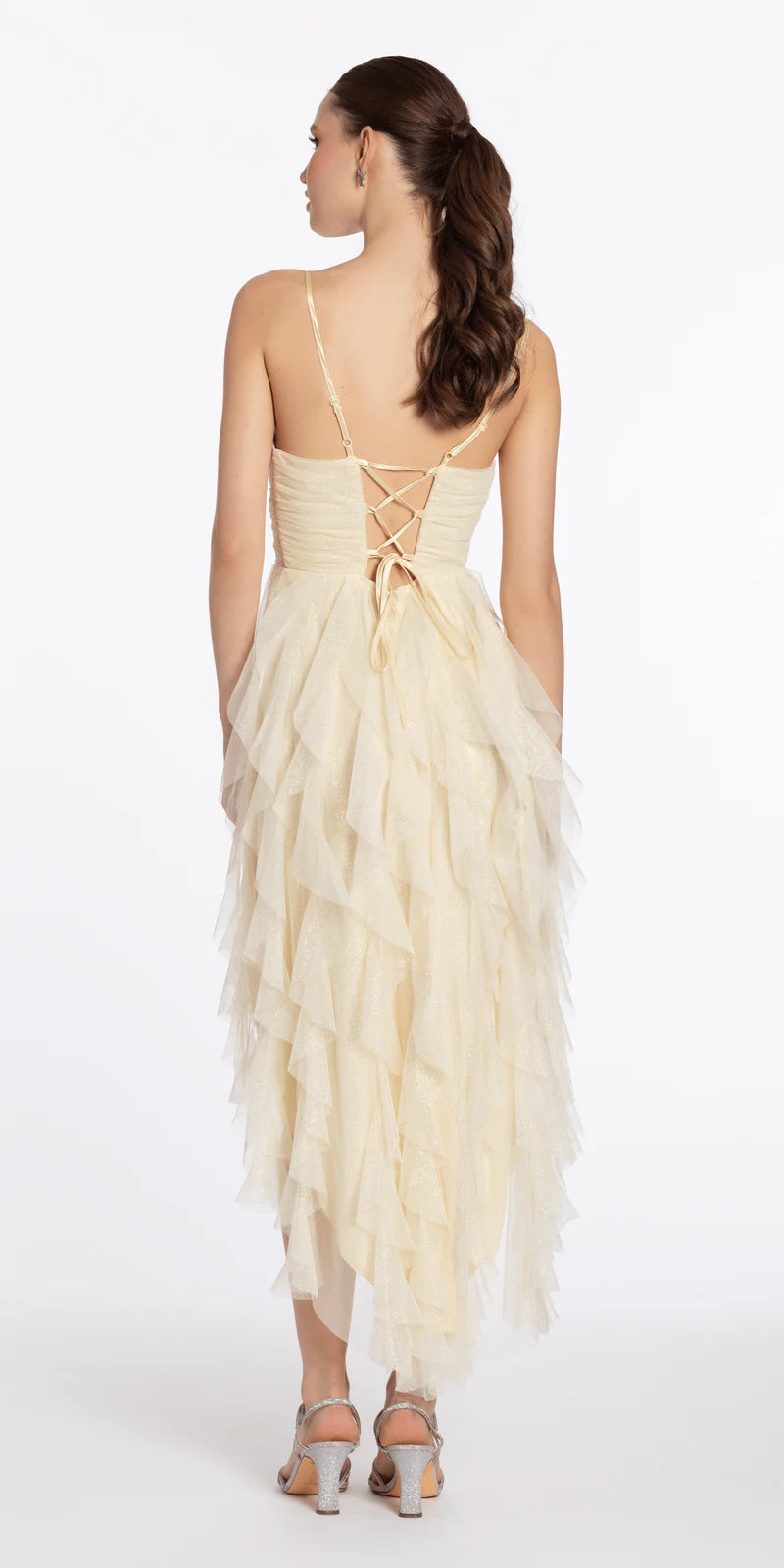 Champagne Glitter Tulle Spaghetti Strap Lace-Up Back High-Low Tiered Maxi Evening Dresses