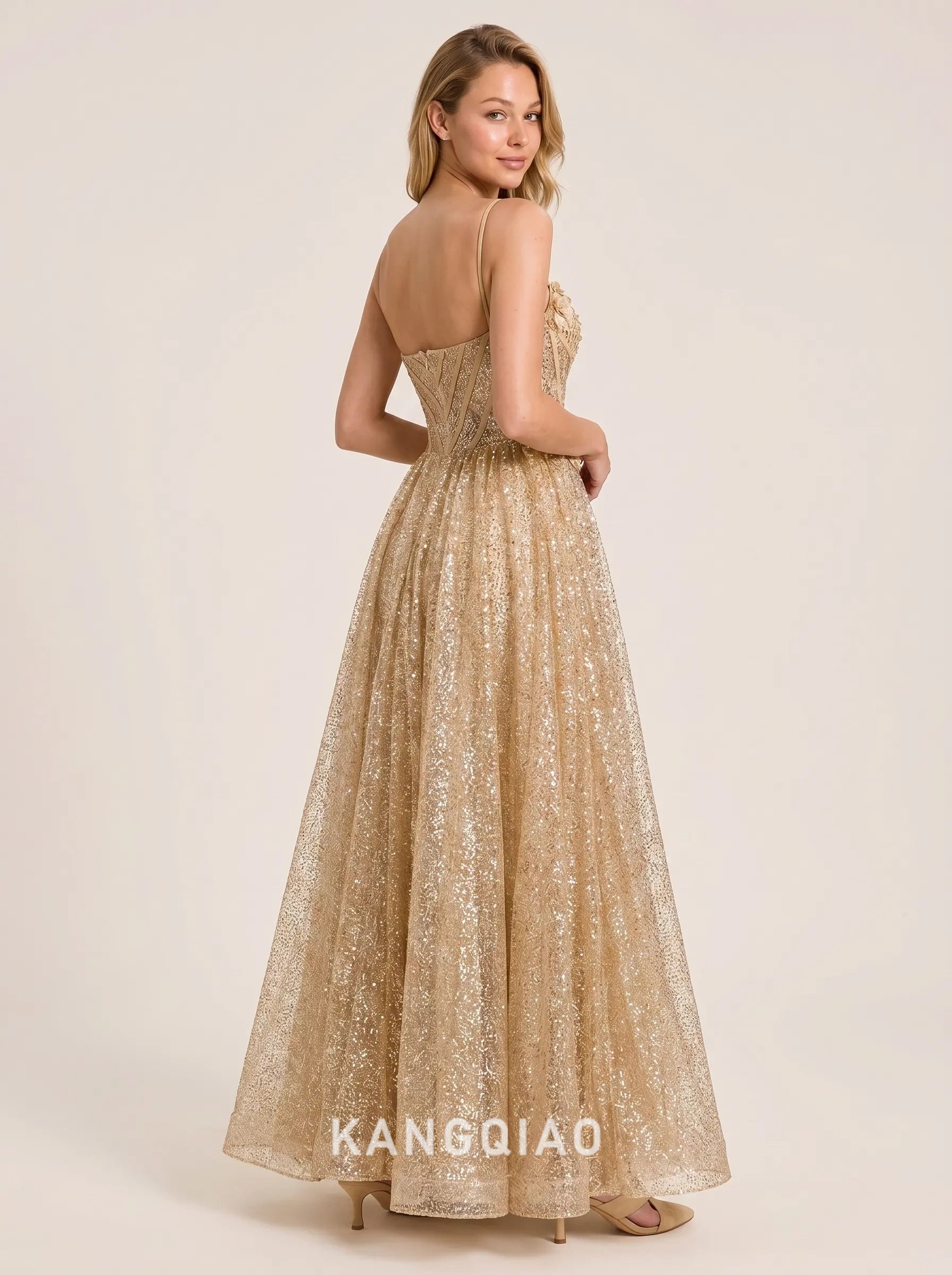 Champagne Gold Glitter A Line Sweetheart Neck Spaghetti Strap Corset Open Back Floor Length Formal Evening Prom Dress